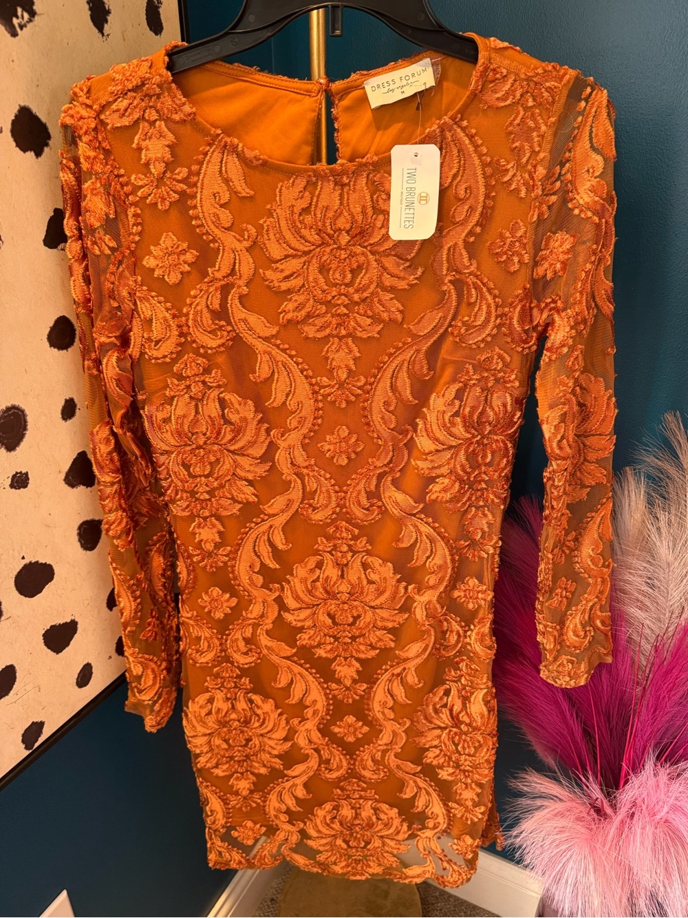 Dress Forum Orange Appliqué Long-Sleeve Cocktail Dress